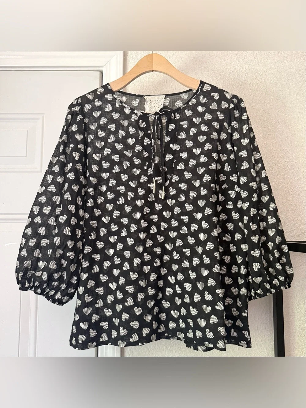 JOHNNY WAS black white cotton linen hearts striped puff long sleeve blouse top‎